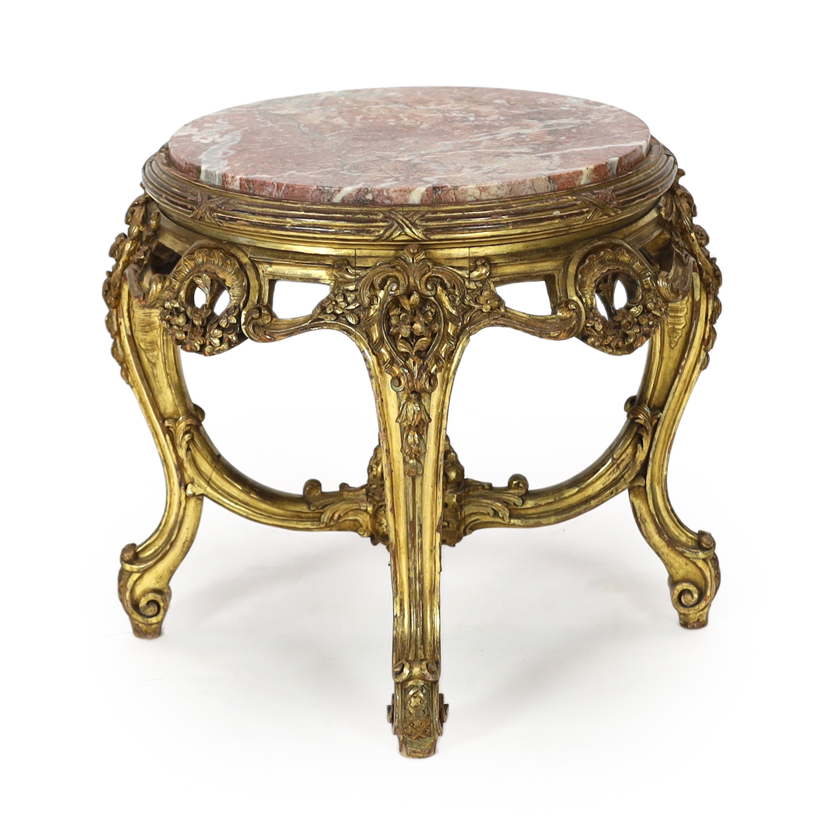 A Queen Mary giltwood and composition low stand, early 20th century, 56cm diameter, 53cm high, Please note this lot attracts an additional import tax of 5% on the hammer price